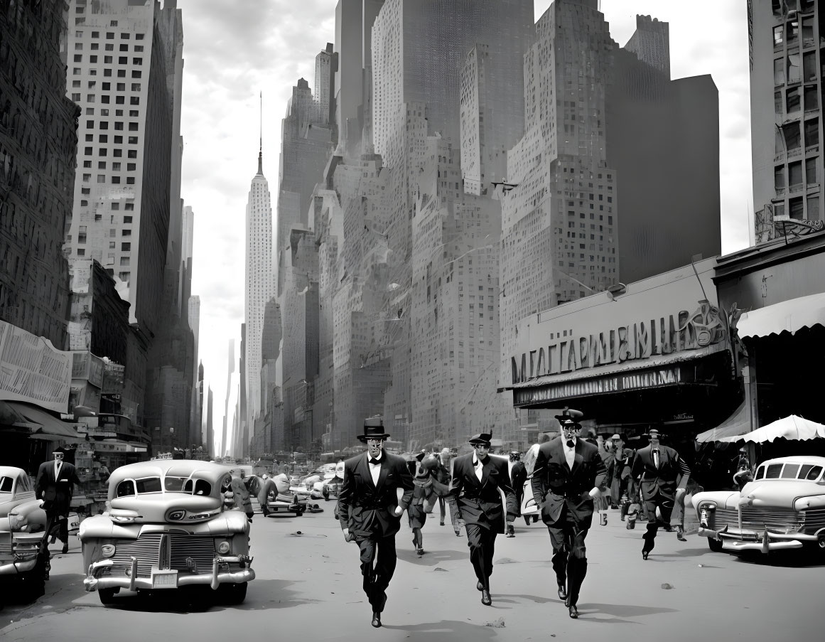 Vintage city scene: Three men in suits on bustling street with classic cars and tall buildings