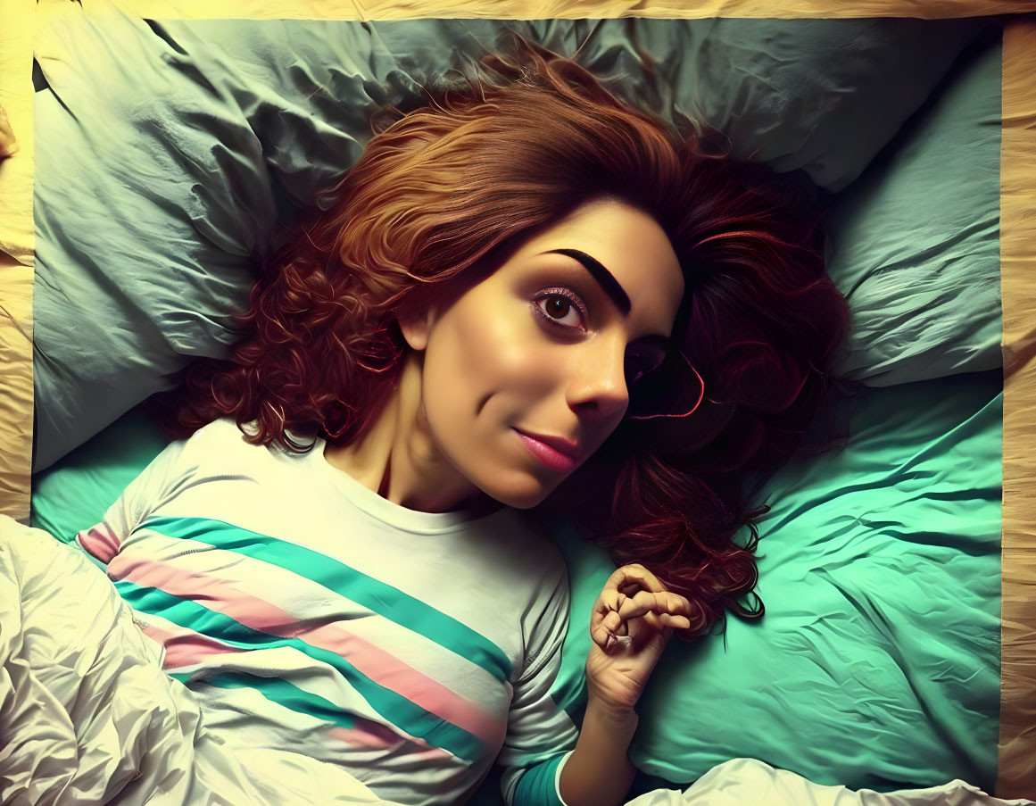 Auburn-haired woman in striped shirt on teal pillow with warm-toned bedding