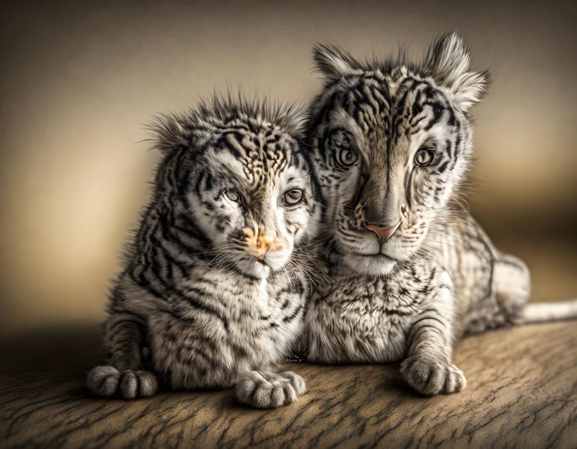 Adorable white tiger cubs cuddling on wooden surface