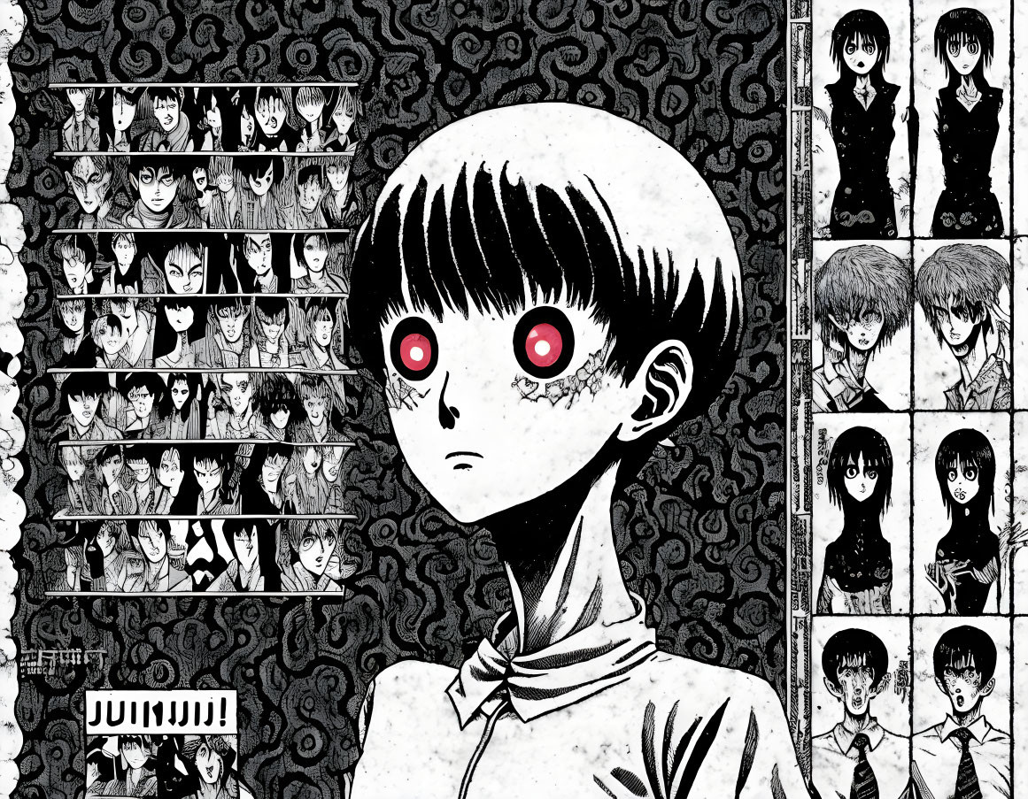 Monochrome manga page: Short-haired character with red eyes, surrounded by diverse expressions.