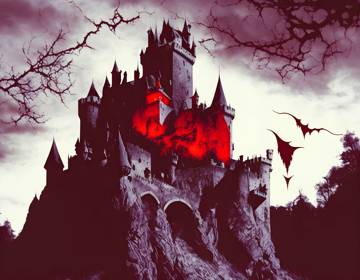 Gothic castle on cliff under stormy sky with red glow, bare trees, and flying bat