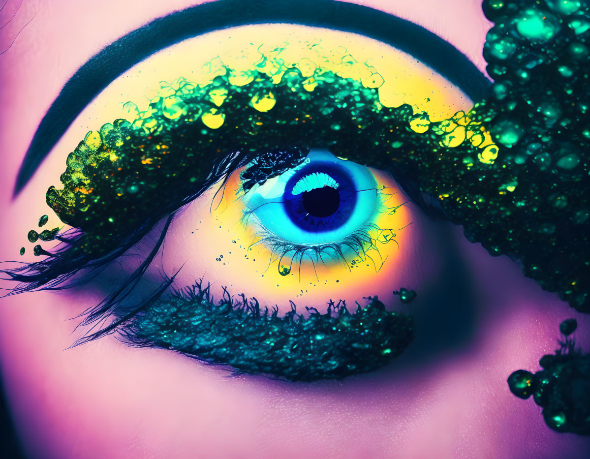 Vivid blue eye with green and gold glitter makeup texture