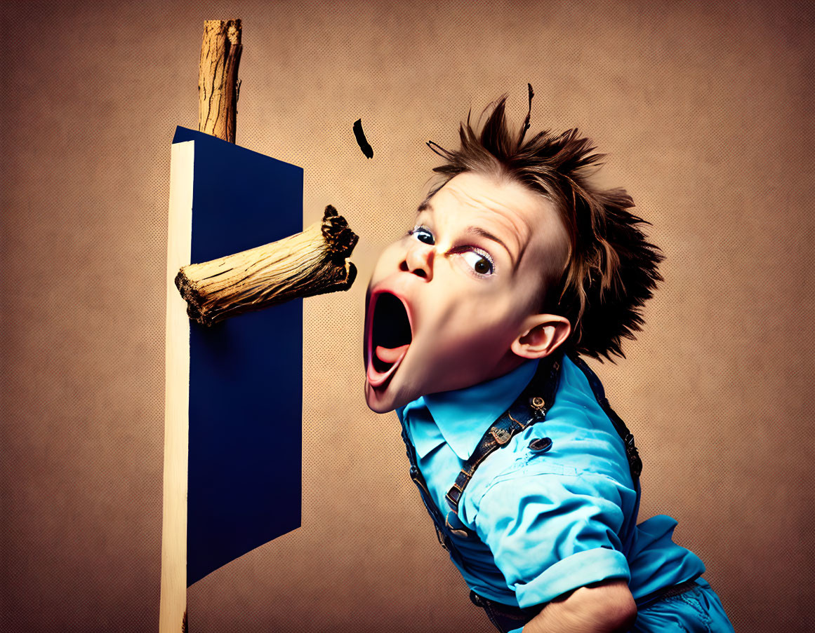 Exaggerated facial features of shocked boy reacting to wooden stick breaking through paper