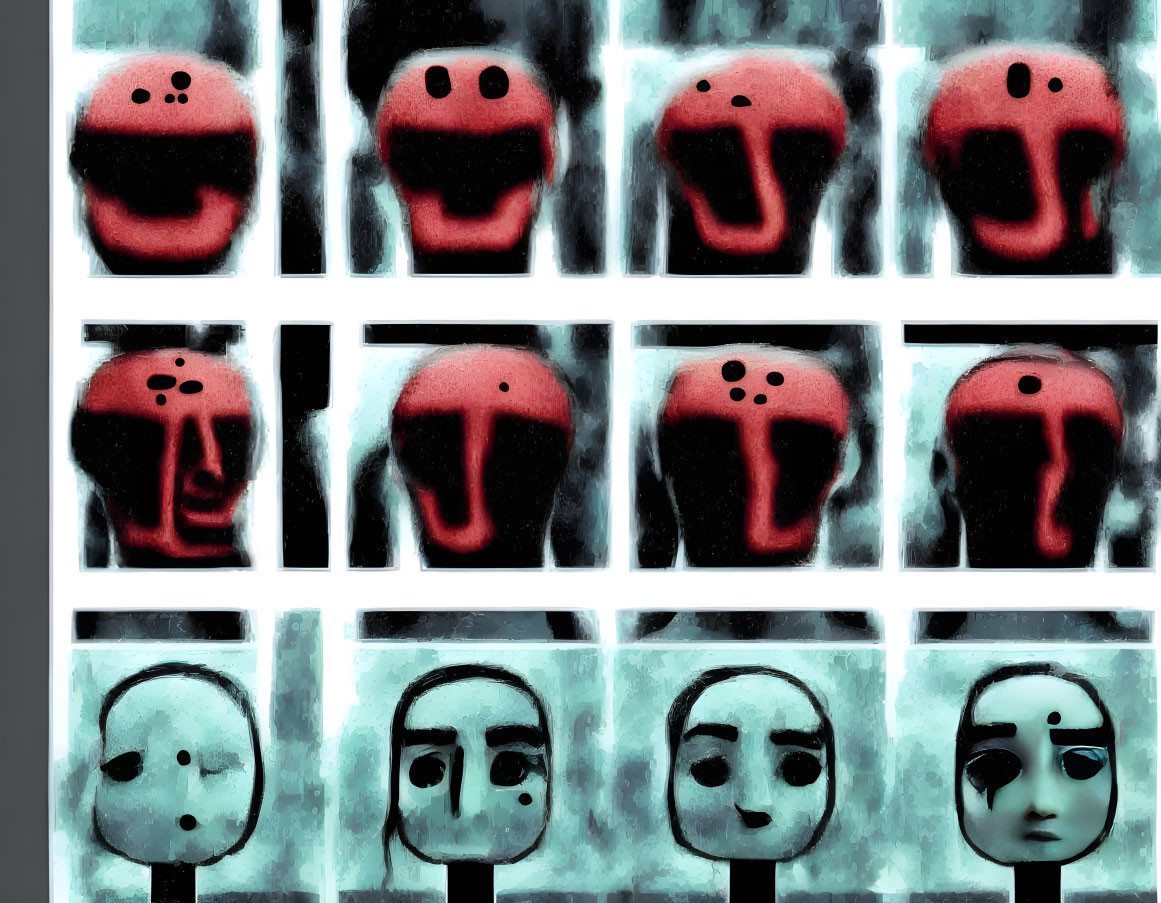 Grid of Nine Stylized Faces with Dark Red and Black Palette