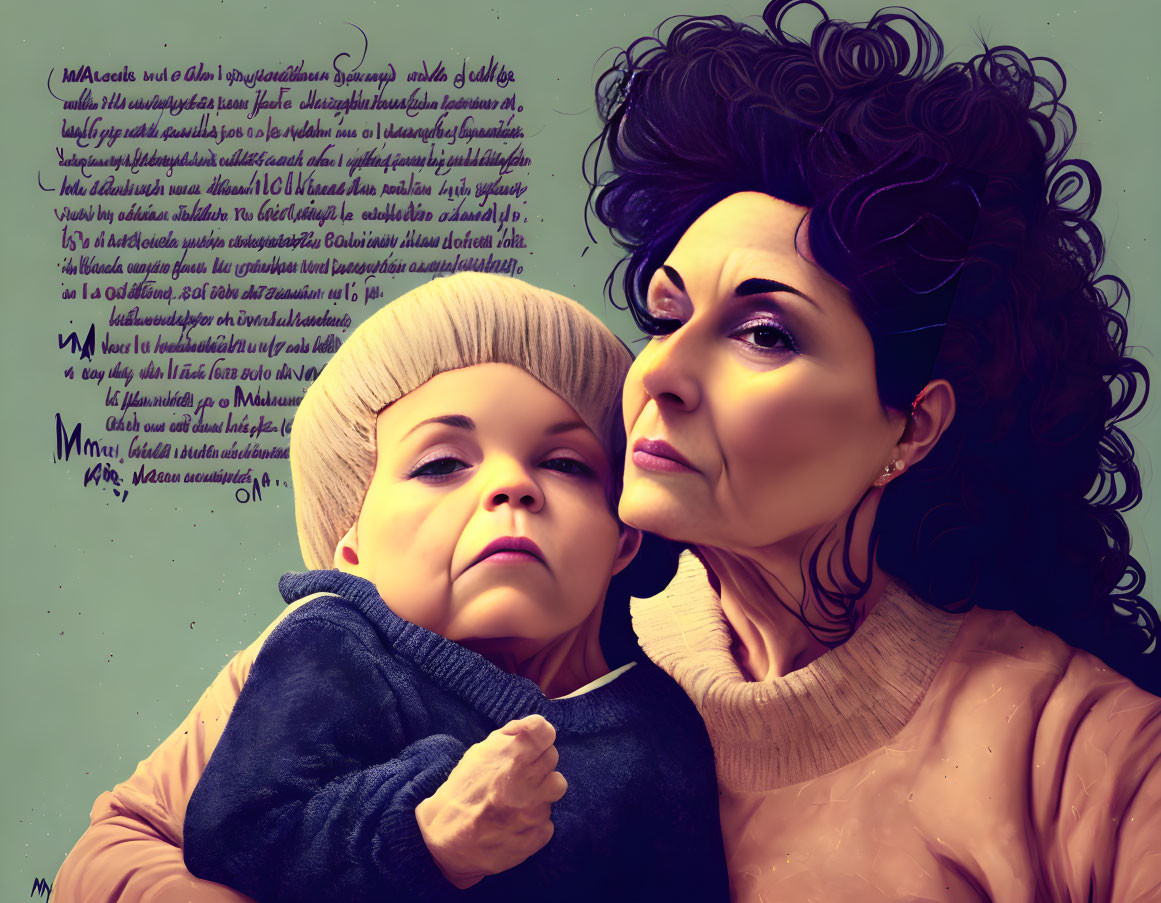 Illustration of woman with dark hair holding baby against text background