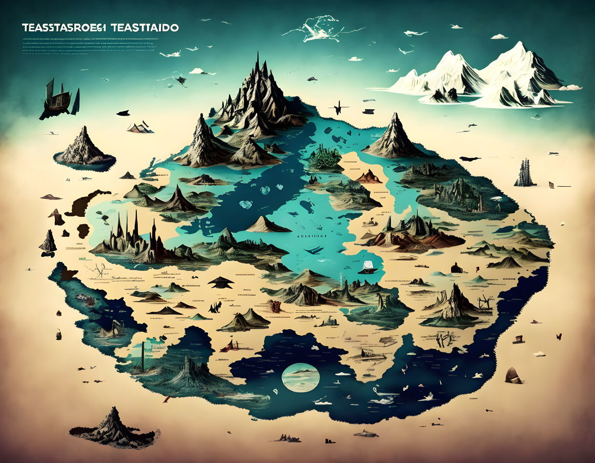 Fantasy map with icy peaks, forests, deserts, and sea monsters