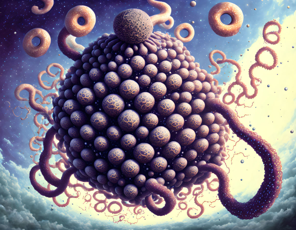 Surreal illustration: Giant spherical entity with tentacles in cloudy sky