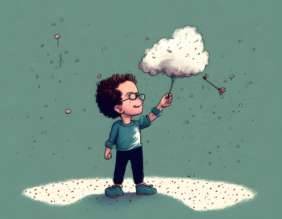 Child with cotton candy under cloud rain of candies