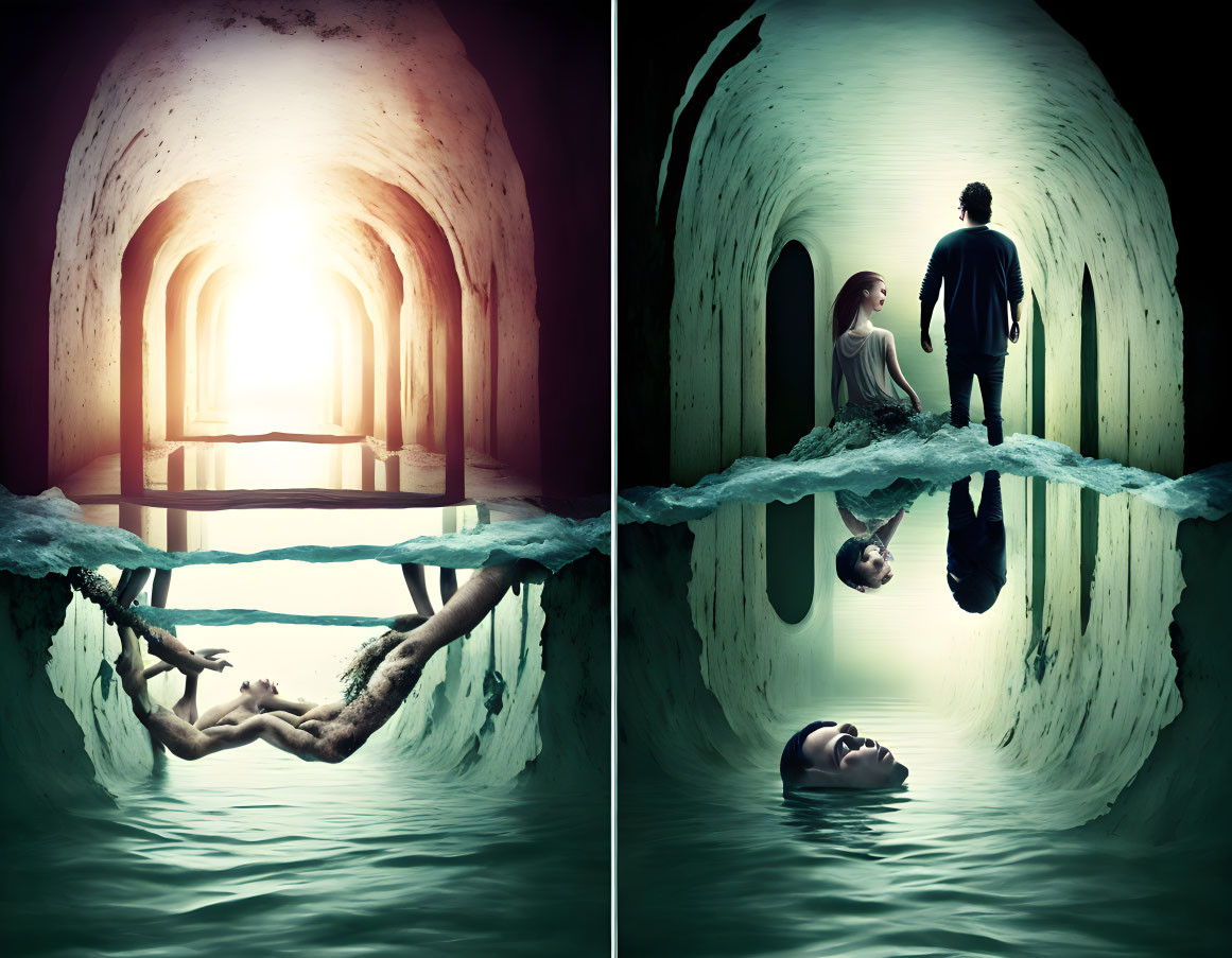 Split image of flooded tunnel: person swimming underwater on left, two people by water's edge on right