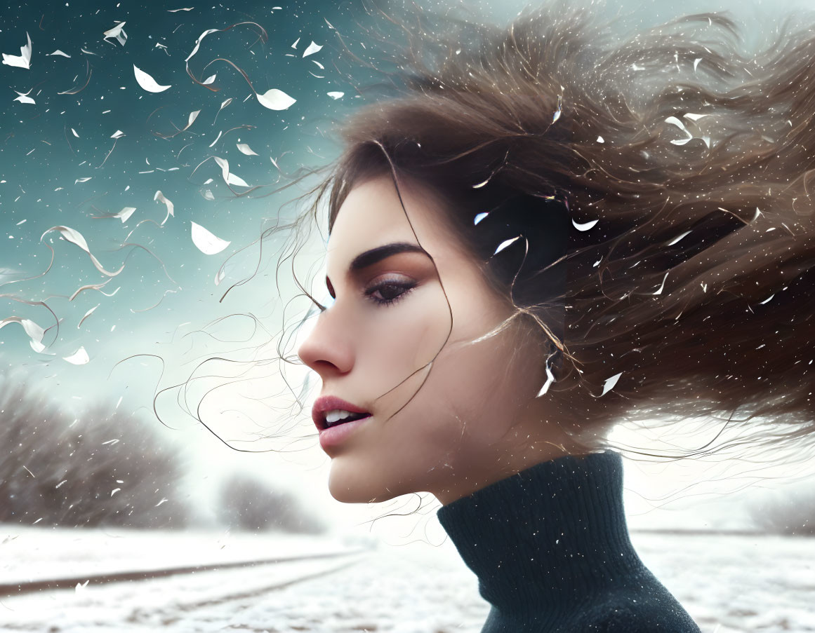 Woman with flowing hair and white fragments in snowy landscape