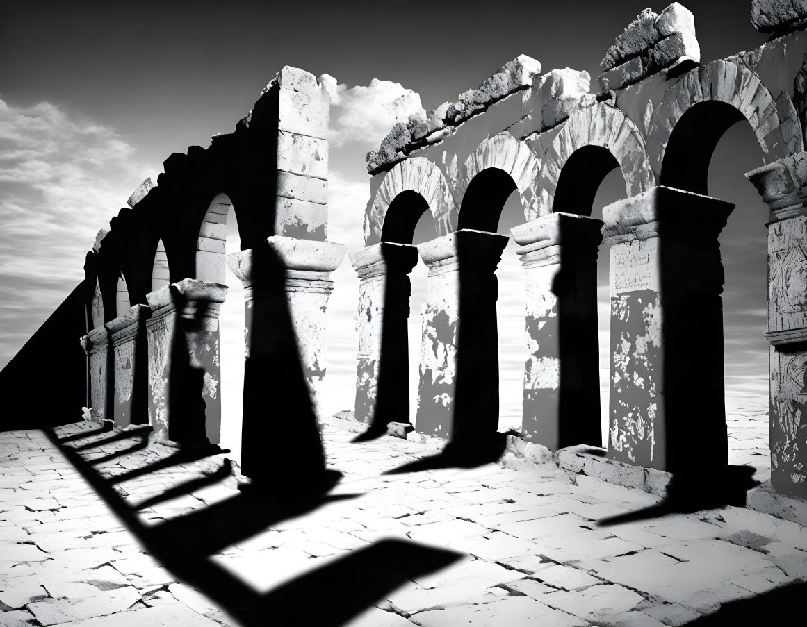 Ancient arched stone structure in monochrome under cloudy sky