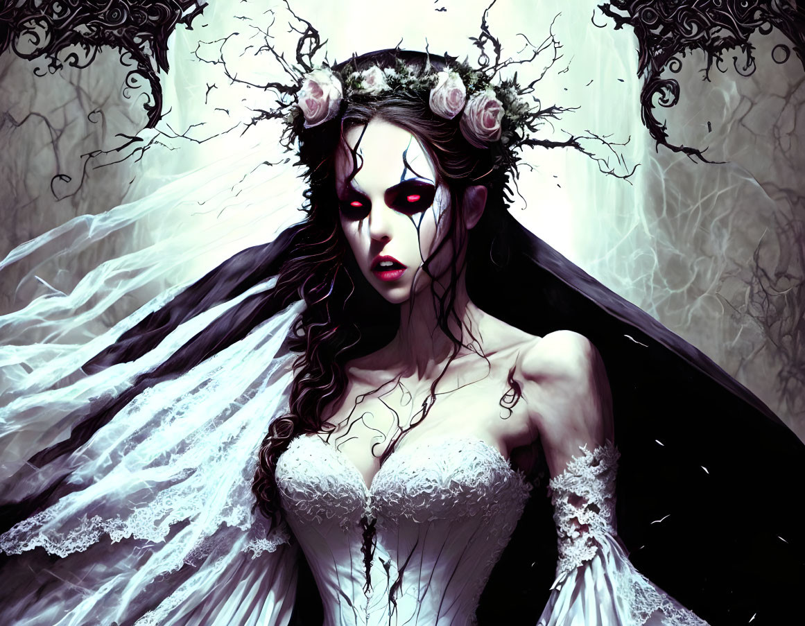 Illustration of gothic bride with red eyes in white dress and flower crown surrounded by misty tendr