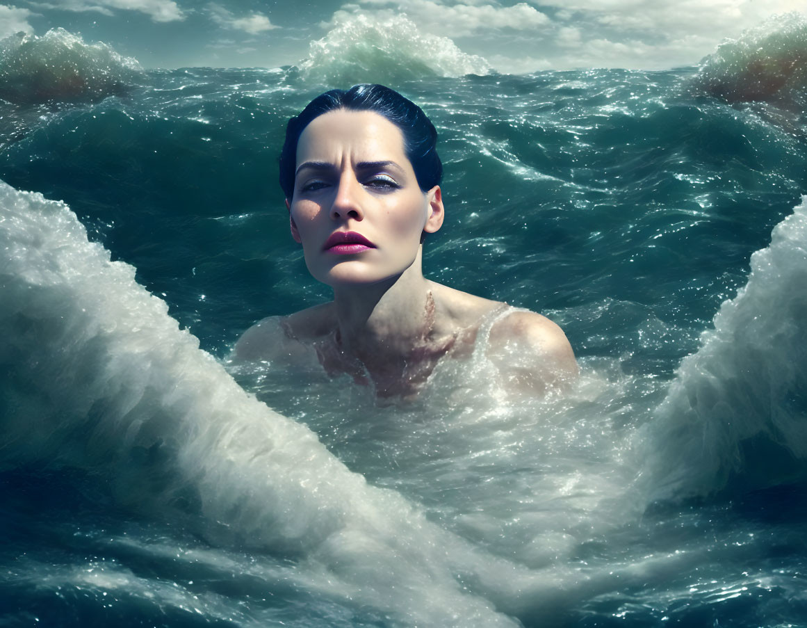 Woman in turbulent ocean waters gazes intensely.