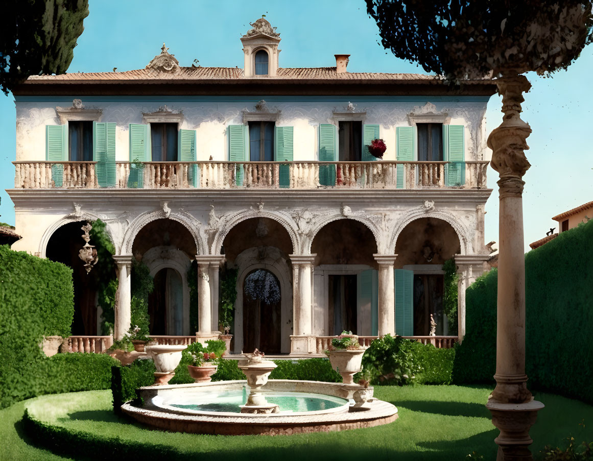 Italian villa with green shutters, balcony, and fountain in front garden