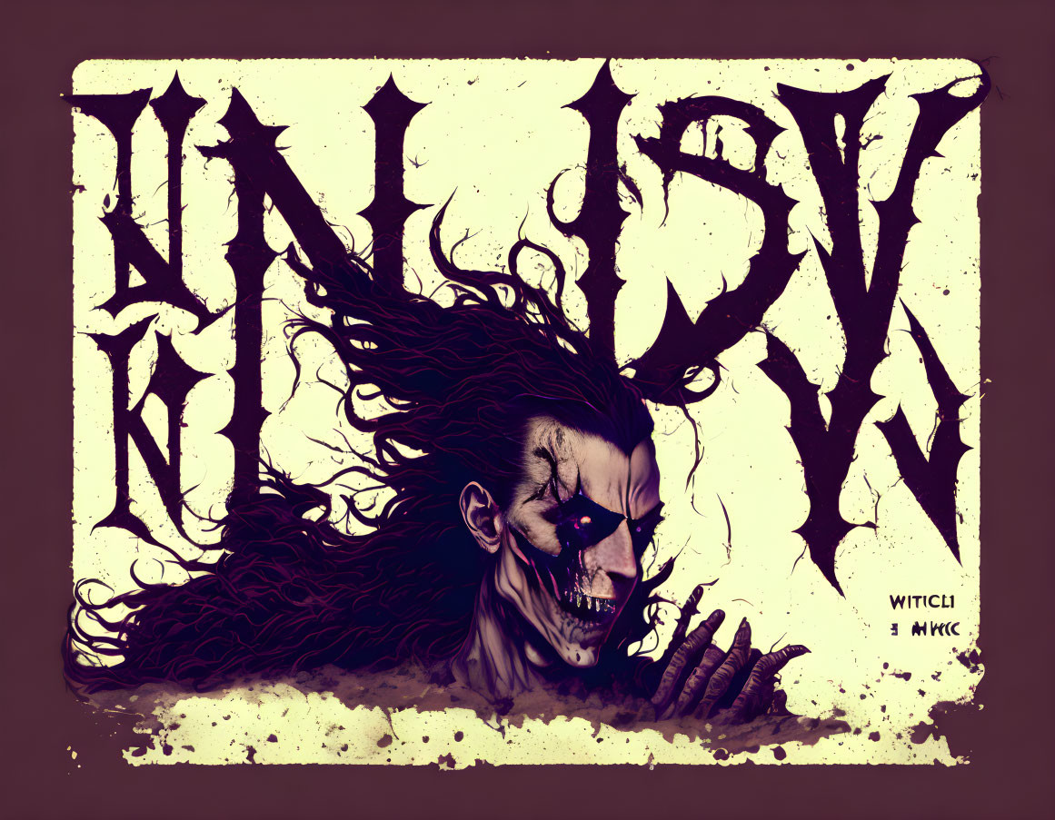 Dark creature with long hair, sharp teeth, and gothic lettering