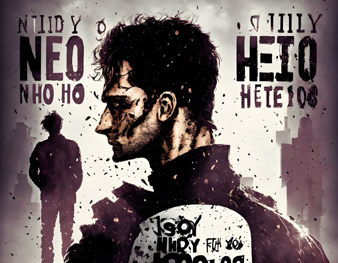 Profile of a man with stylized text and grunge elements for a gritty atmosphere