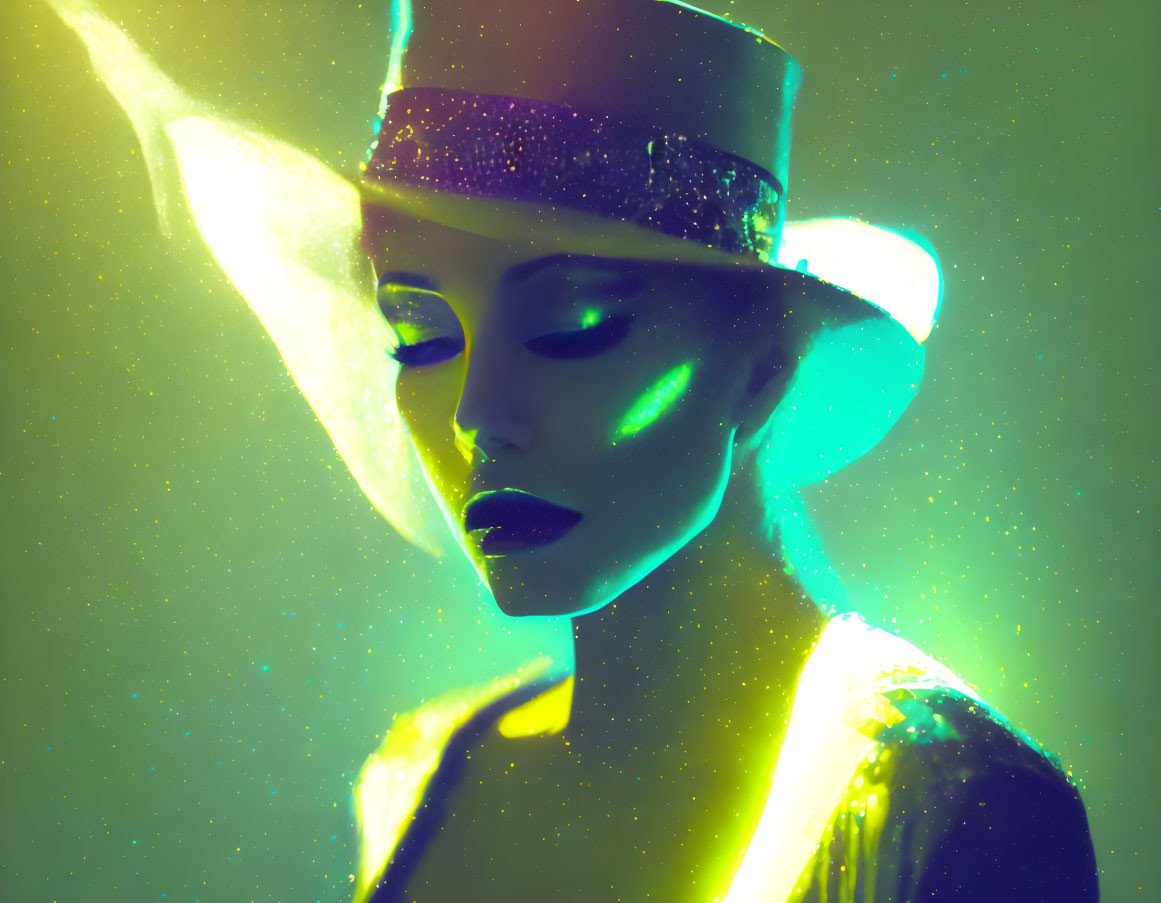 Neon skin tones portrait with top hat and moody gaze