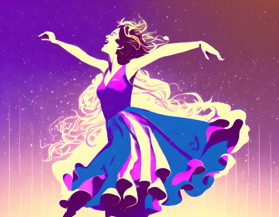 Colorful illustration of joyful dancing woman in flowing attire against starry backdrop