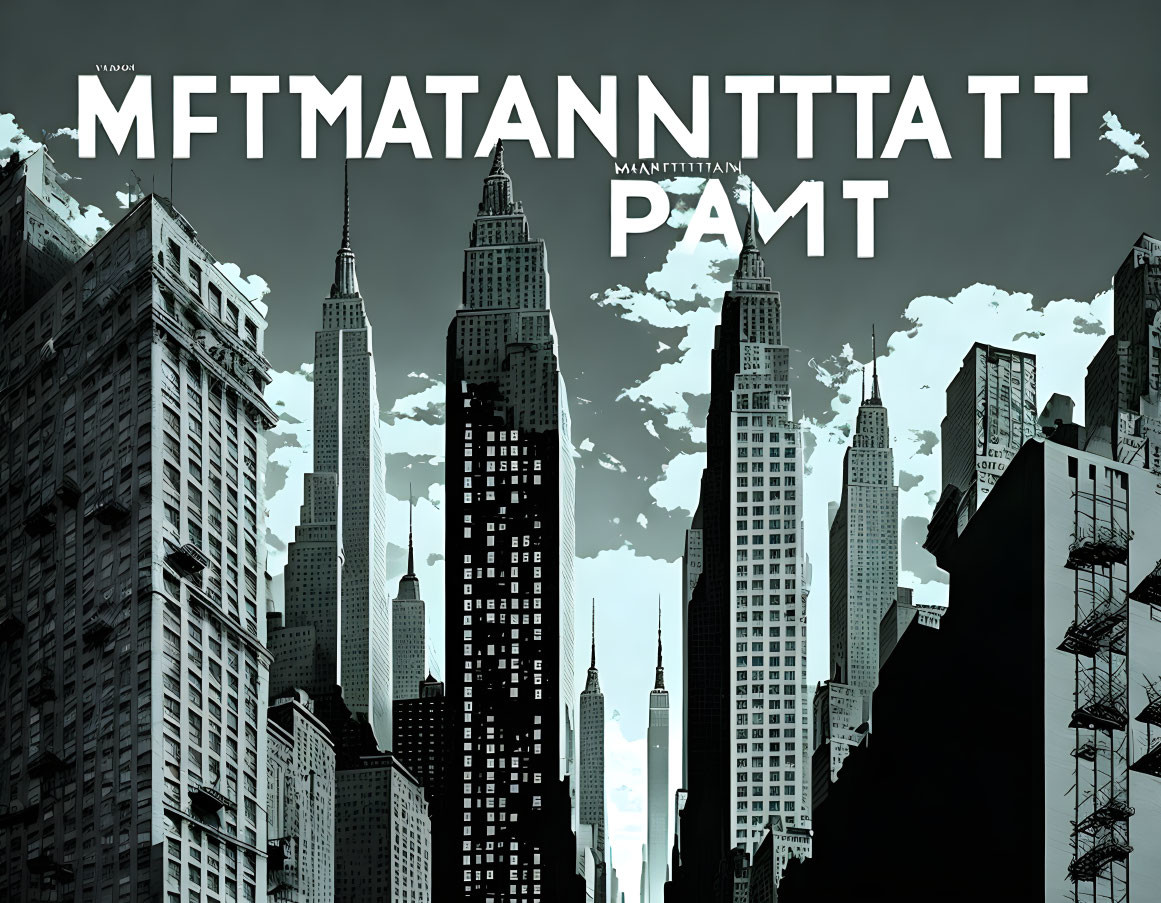 Monochrome Manhattan skyline illustration with puzzle-like letters.