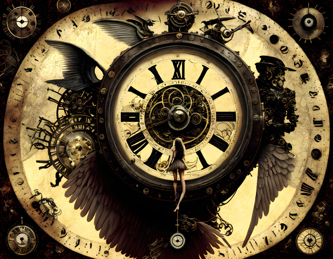 Steampunk-themed surreal clock with wings and figure in golden-brown backdrop