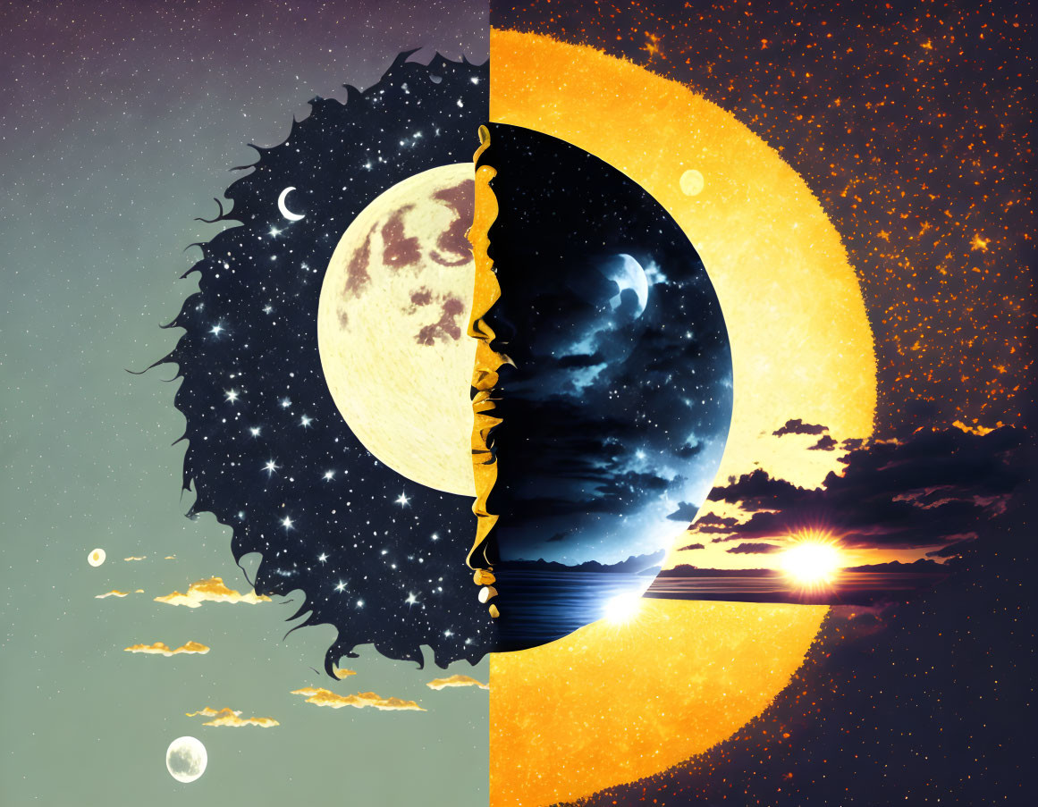 Surreal illustration blending day and night scenes