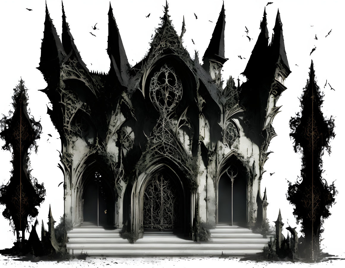 Dark fantasy cathedral with gothic-style architecture and barren trees.