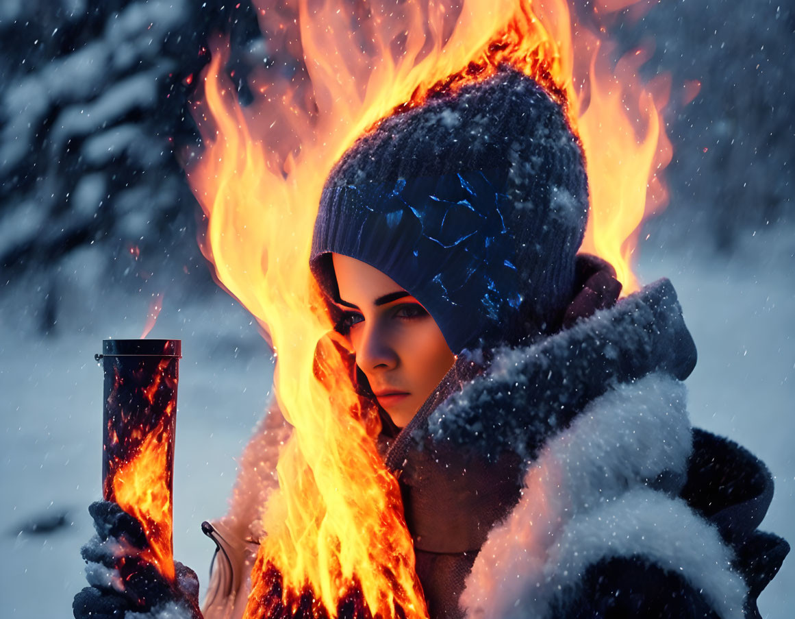 Person in Winter Clothing Holding Steaming Cup with Flames in Snowy Scene