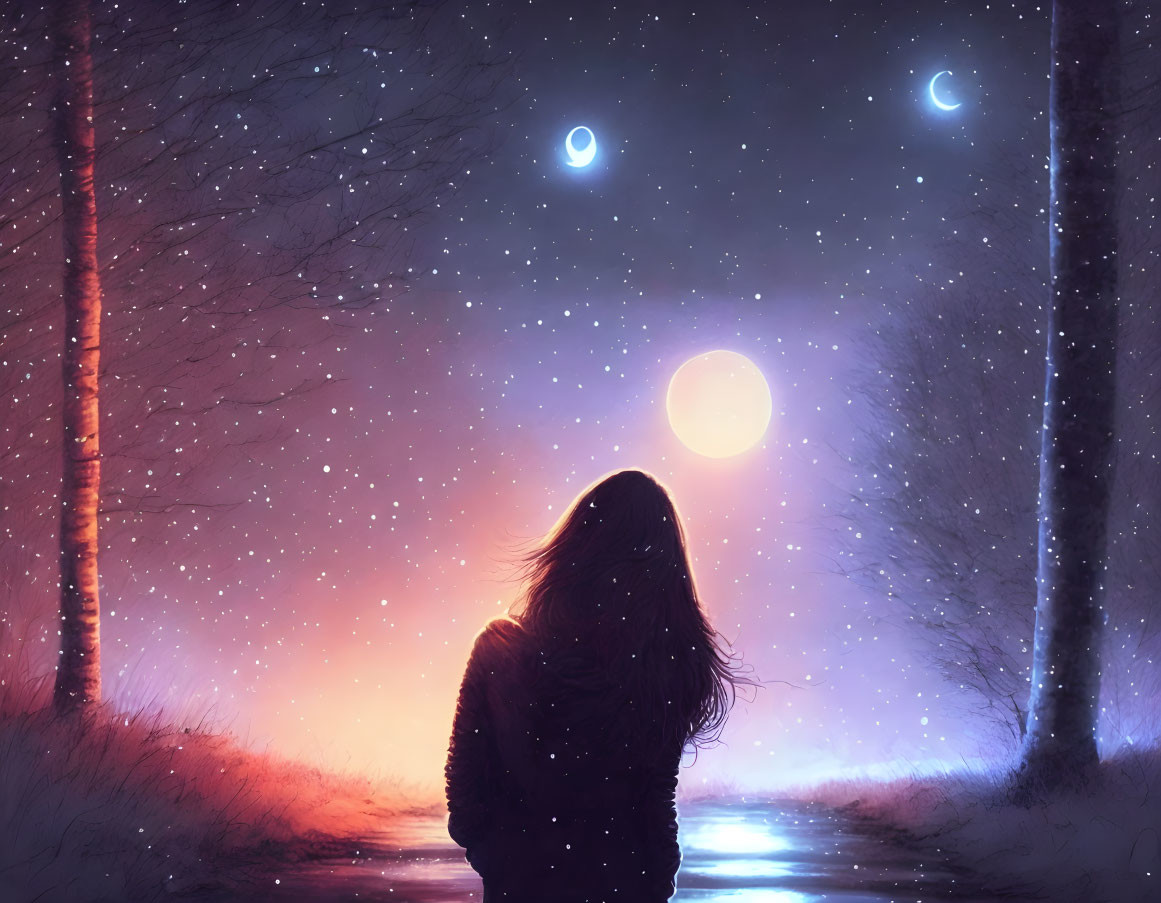 Long-haired person admires whimsical night sky with pink hues, moon, crescents, stars,