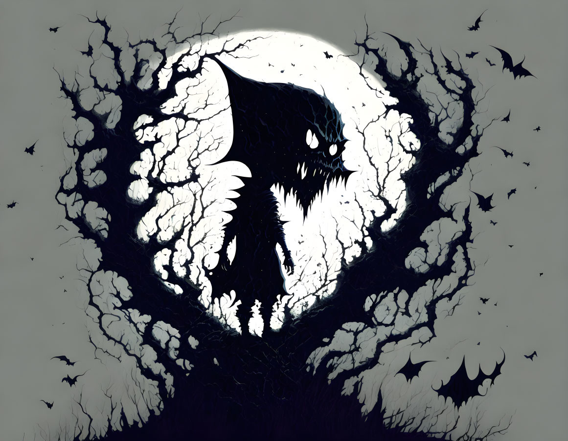 Silhouette of Halloween pumpkin with menacing face, bats, and full moon