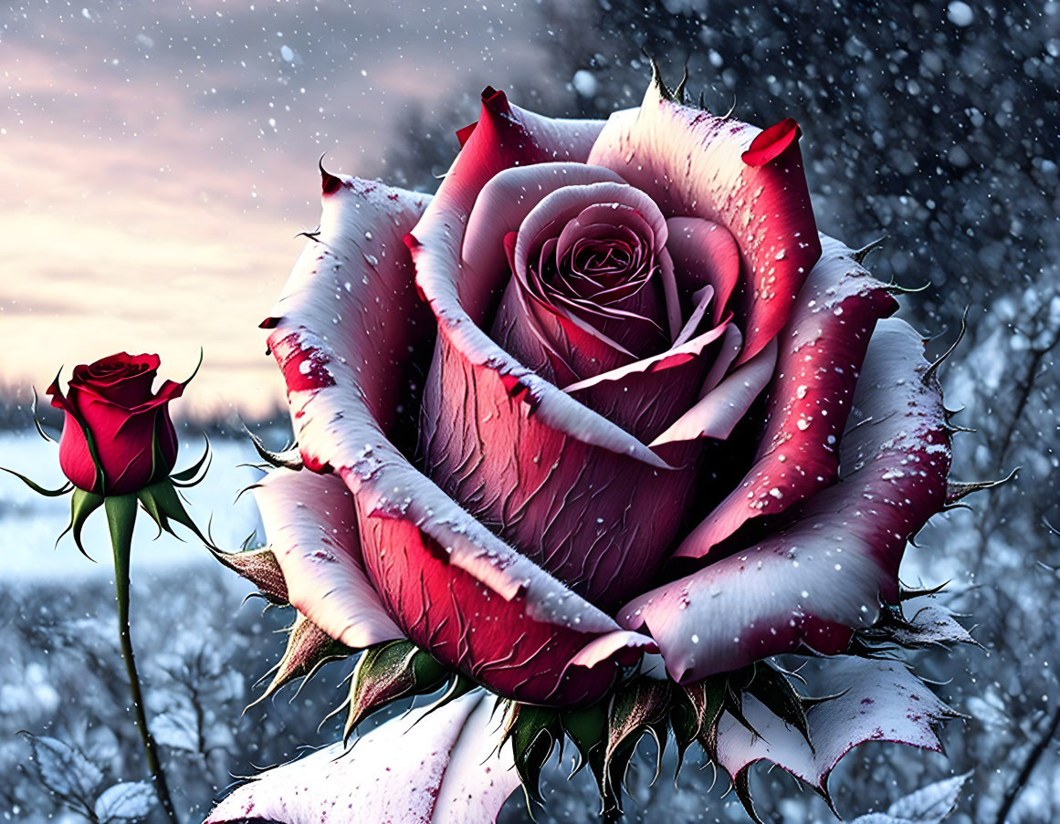 Red rose with white-tipped petals in snowy winter scene