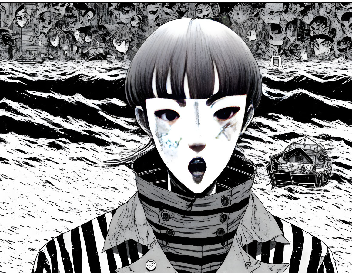 Monochrome illustration: Girl with bobbed hair, surreal distorted figures, boat in wavy patterns