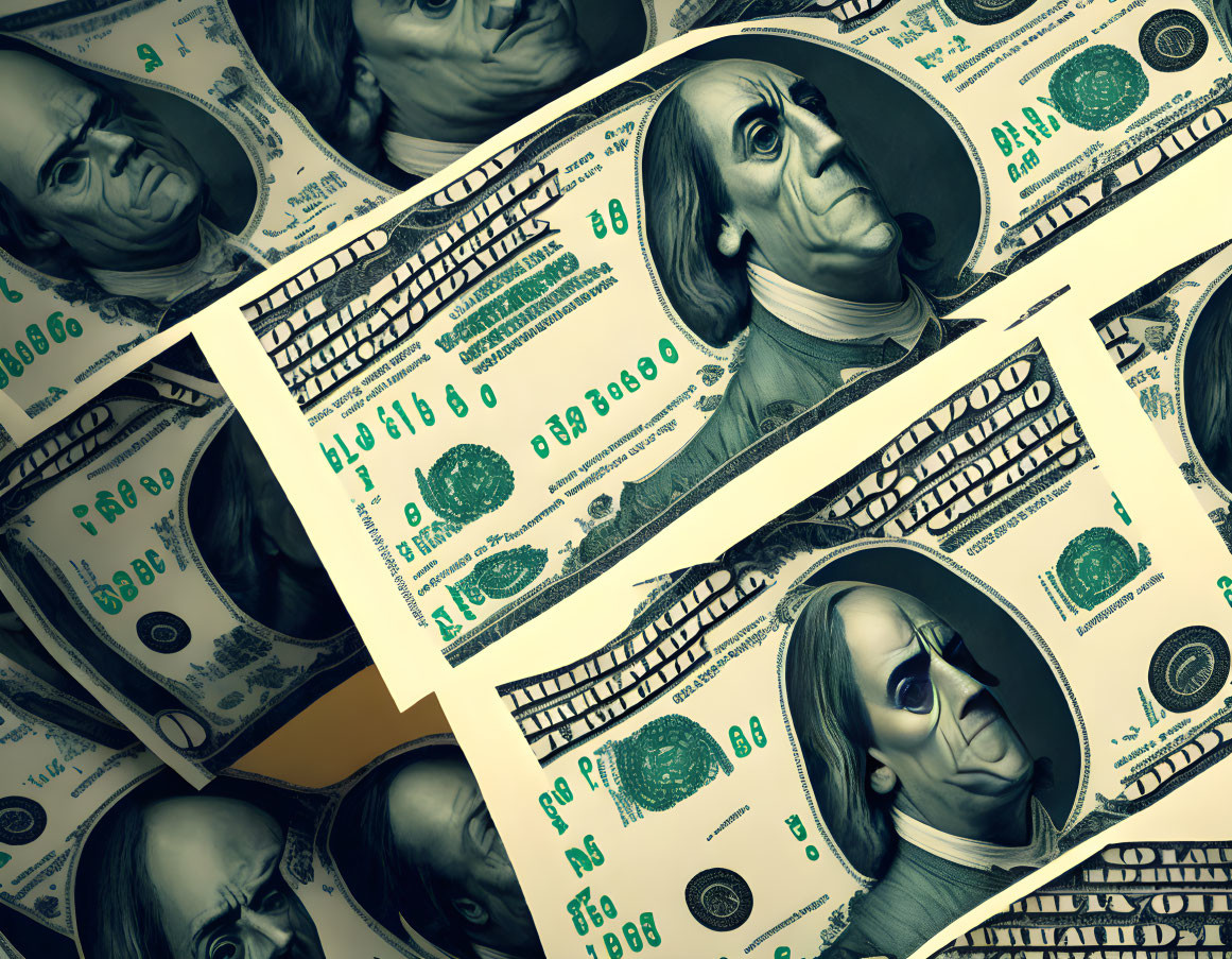 US 100-dollar bills featuring Benjamin Franklin portrait scattered, evoking wealth theme