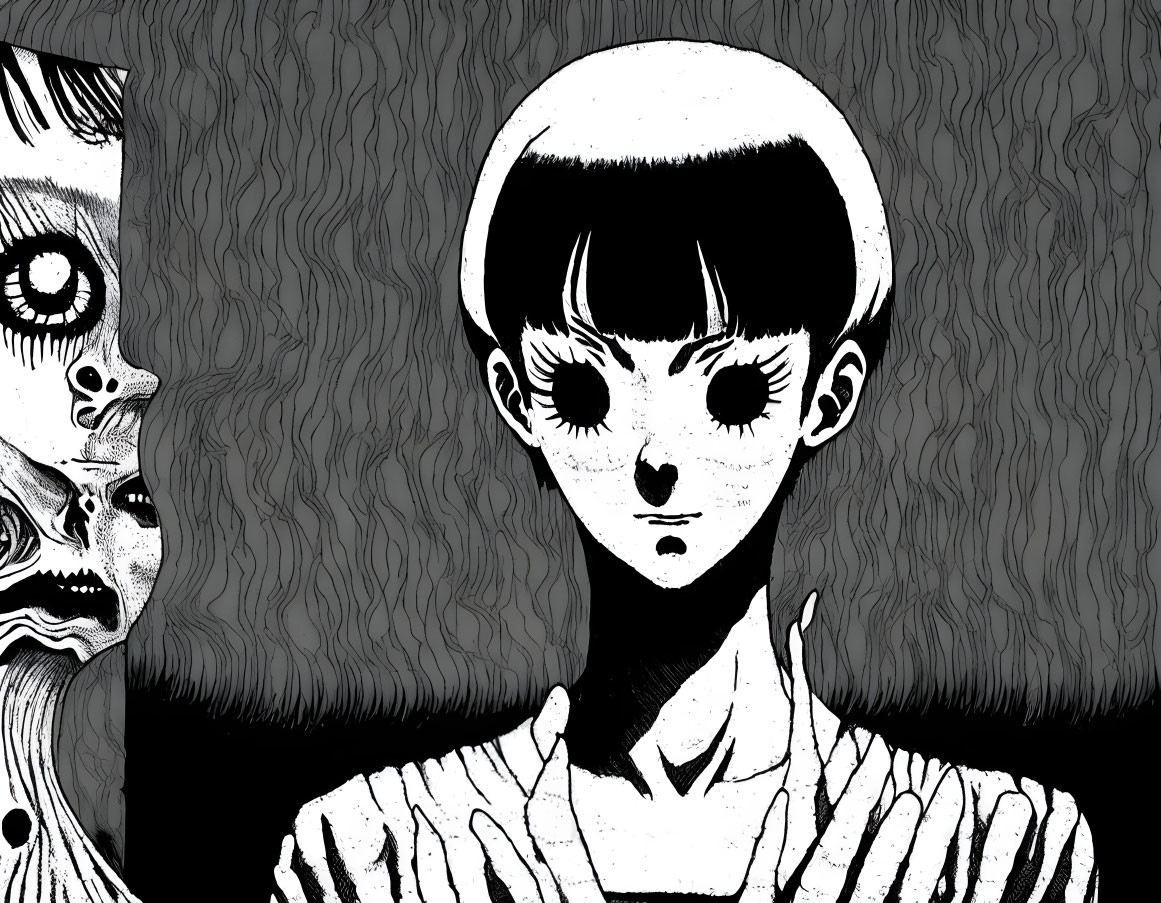 Monochrome illustration of girl with large eyes and creepy faces in background