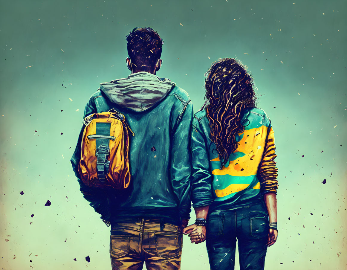 Couple in Blue and Colorful Jackets Walking Together