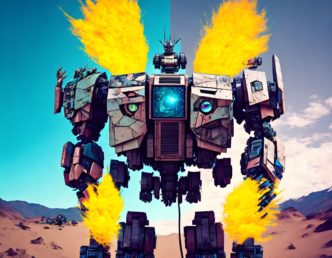 Symmetrical dual-headed robot with rocket boosters in desert