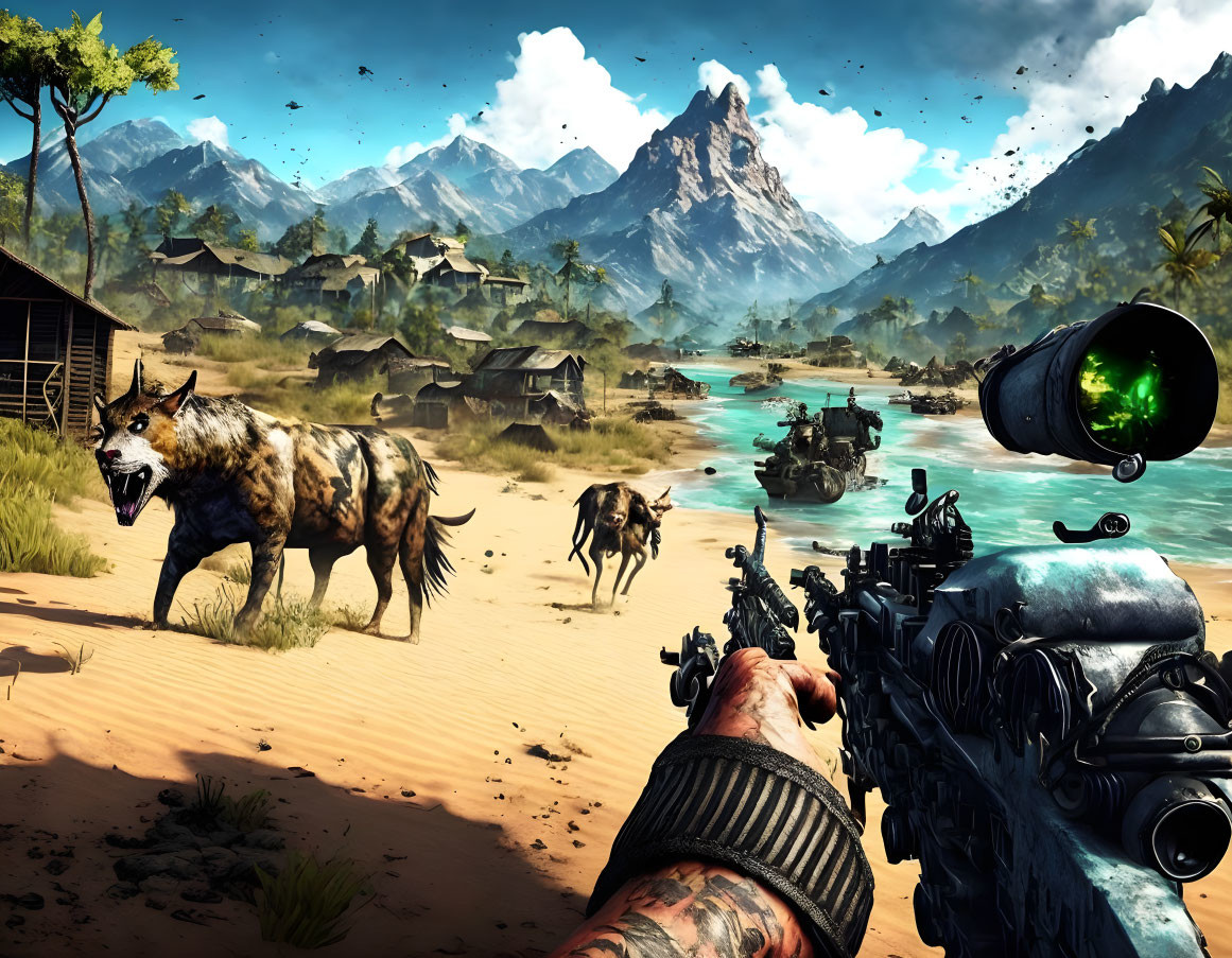 Player holding gun in tropical setting with wolf and enemy vehicle.