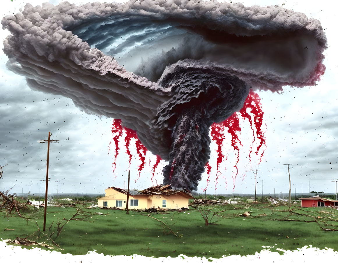 Manipulated image: Massive tornado cloud with red lightning above damaged house in desolate landscape