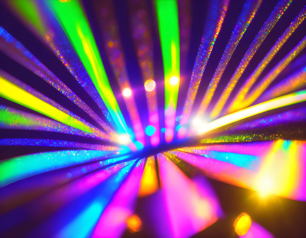 Vibrant abstract pattern with colorful light beams and bokeh effect