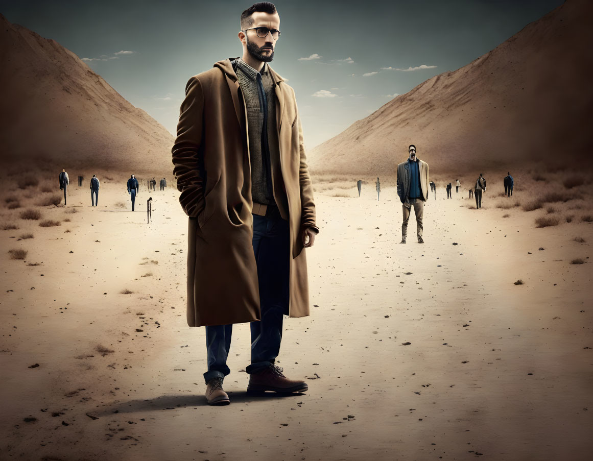 Confident man in coat in desert with blurry figures and subdued sky