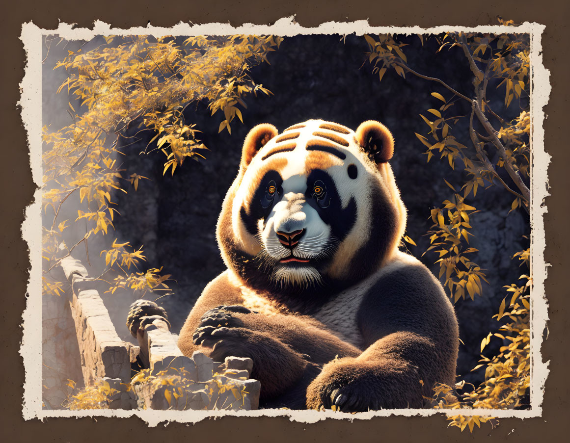 Stylized panda illustration among golden branches