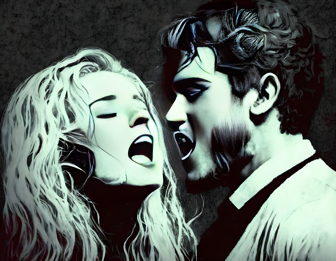 Man and woman stylized artwork facing each other with open mouths on dark textured background