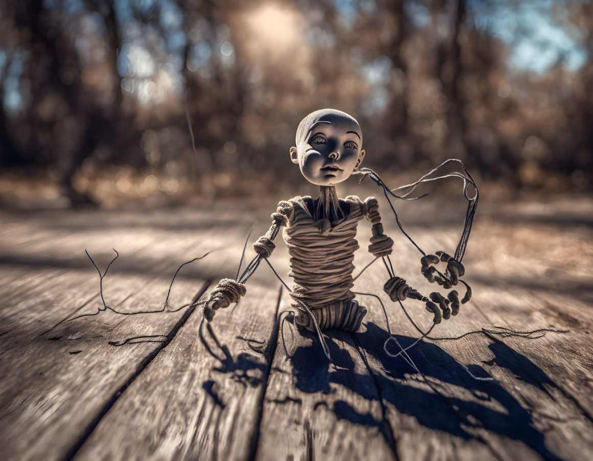 Bald Marionette with Expressive Eyes on Wooden Floor