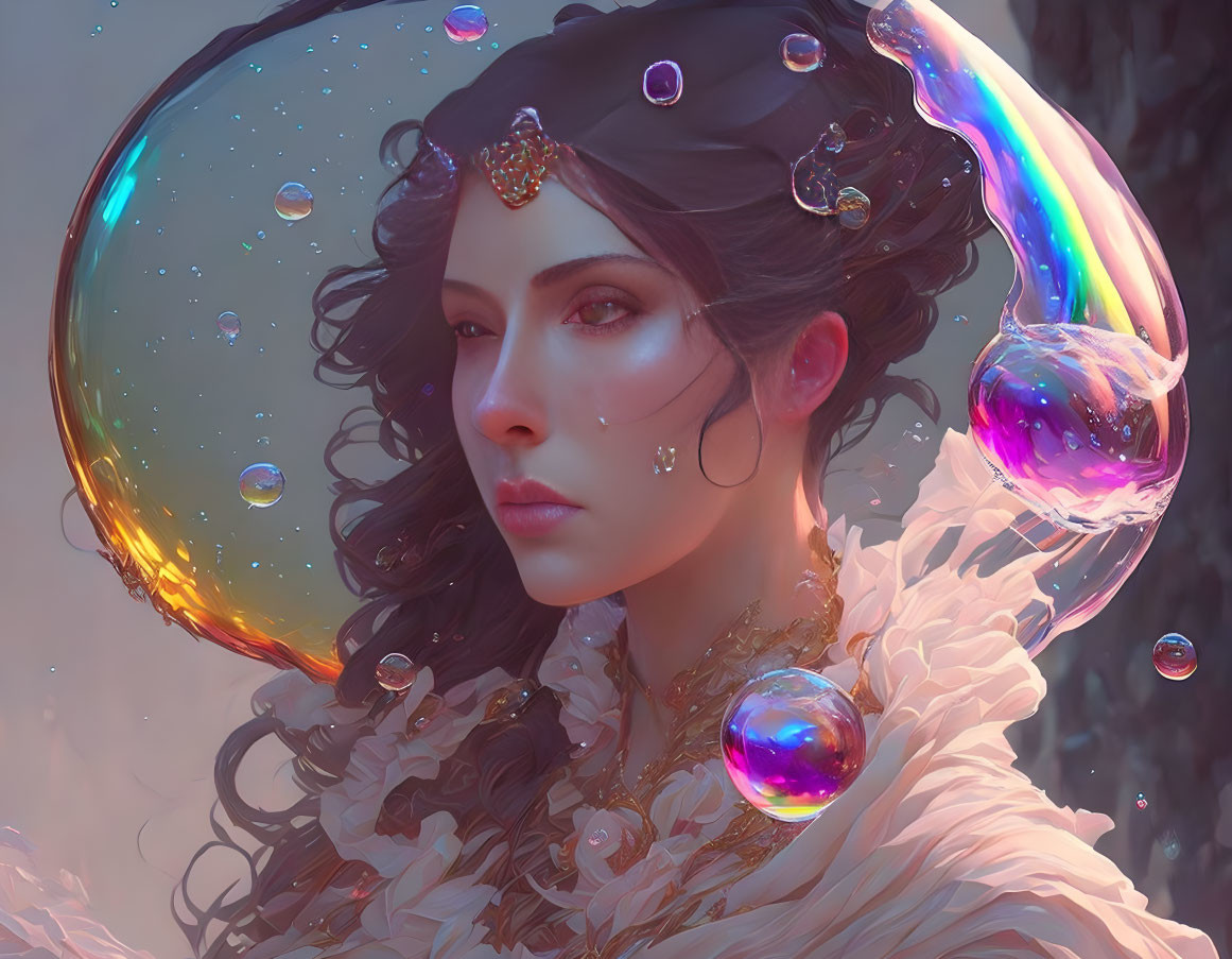 Fantasy portrait of woman with ethereal expression adorned with jewels and surrounded by iridescent soap bubbles