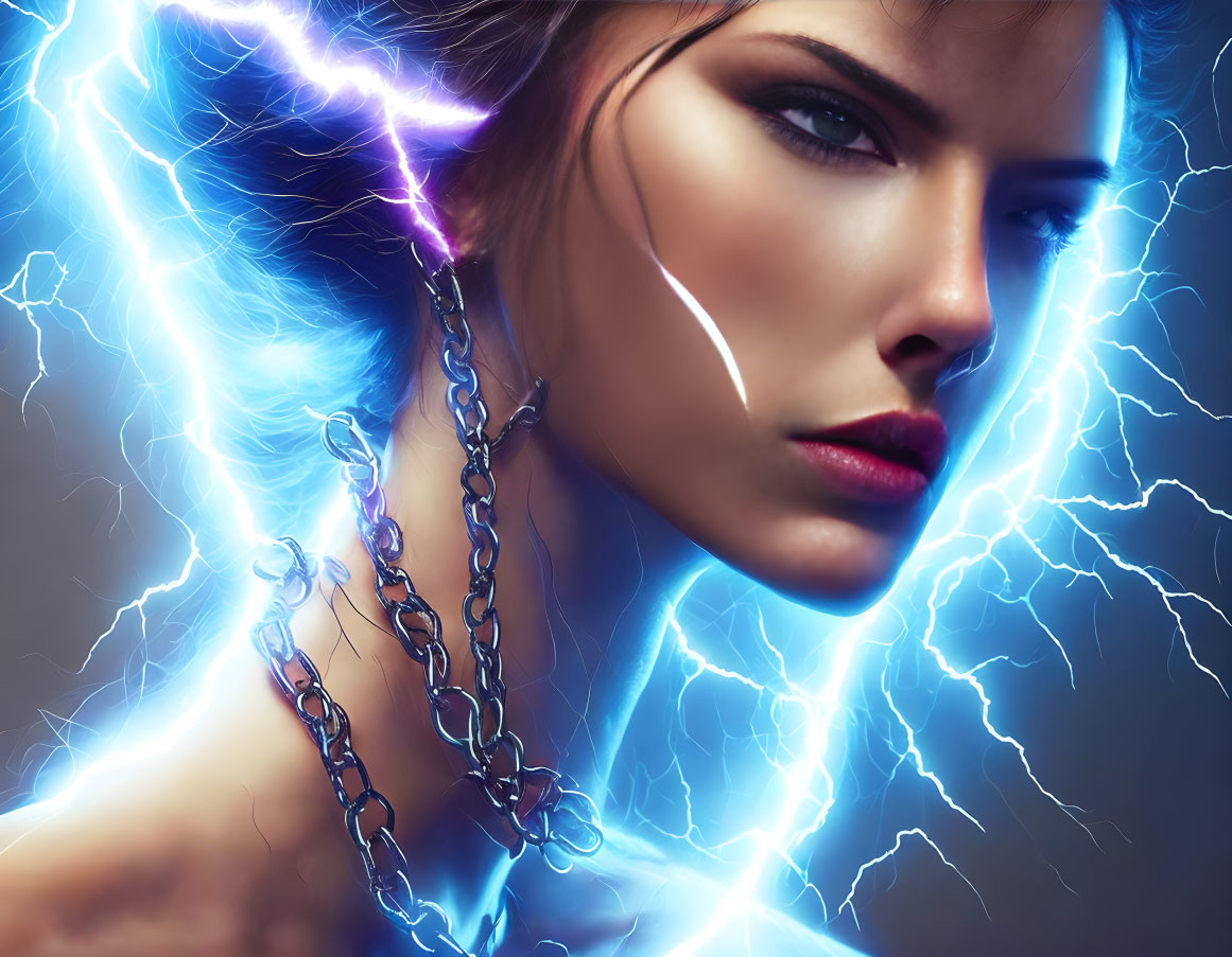 Intense gaze woman with chain necklace in blue lightning effects