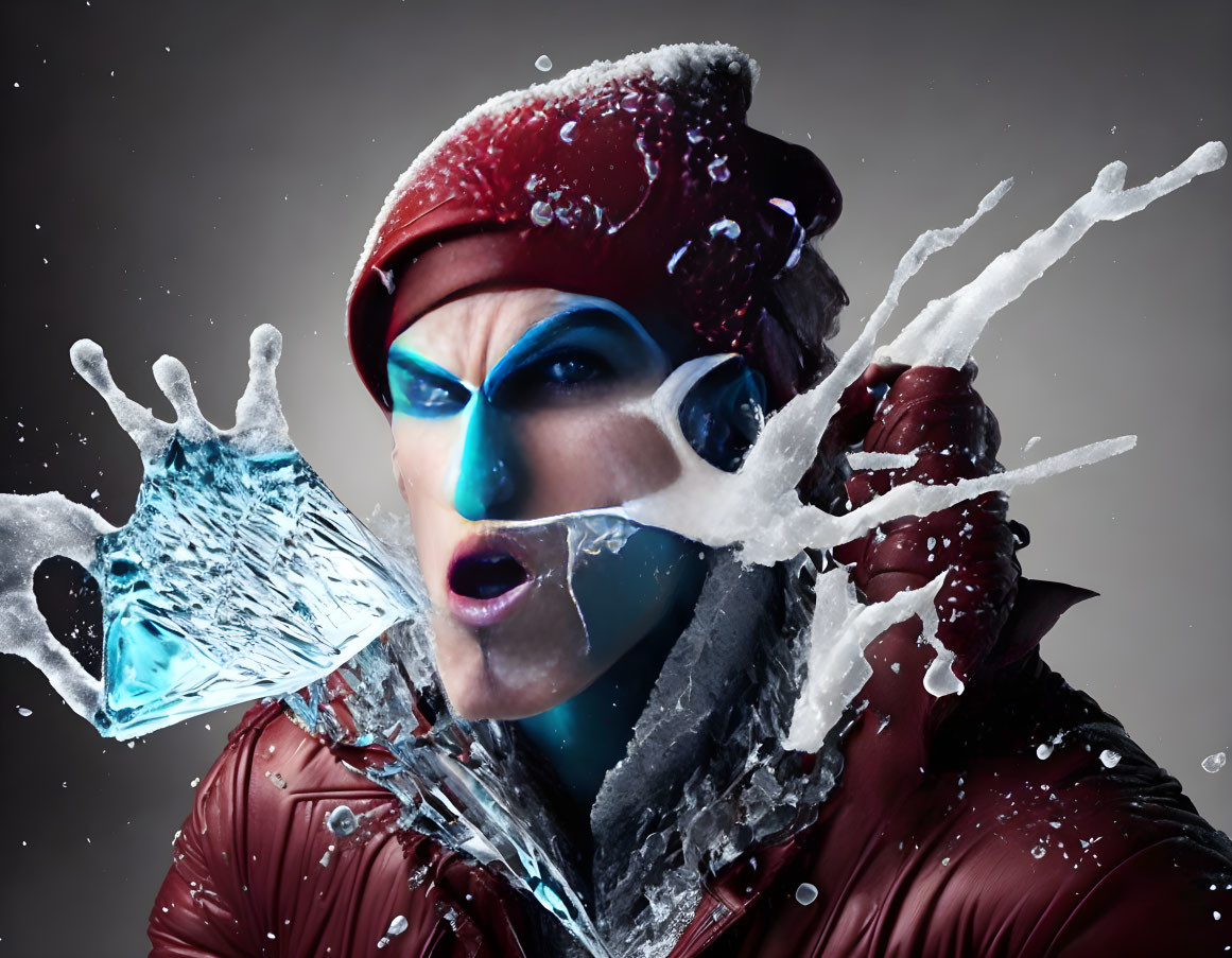 Dynamic person in red with blue face paint splashed by water captured in intense expression.