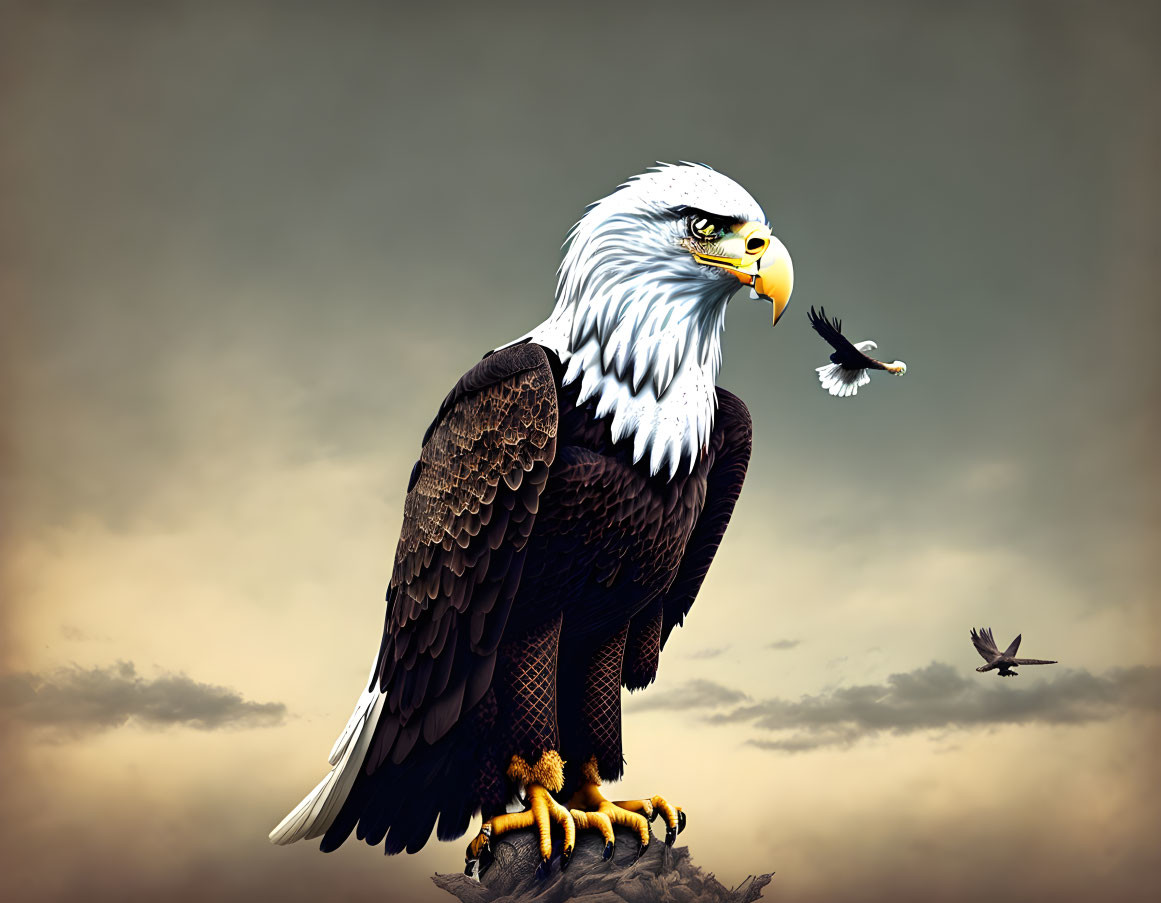 Bald Eagles Perched on Stump with Flying Eagles in Cloudy Sky