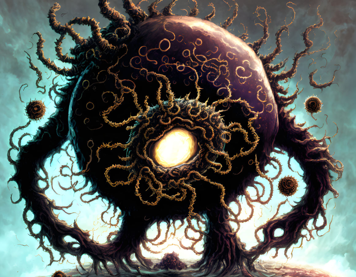 Detailed painting of giant ominous entity with swirling tentacles and glowing eyes in dramatic cloudy sky