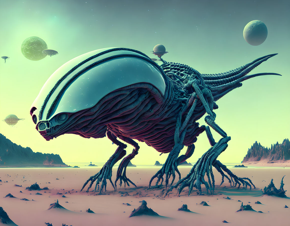 Surreal alien landscape with biomechanical creature on desolate planet