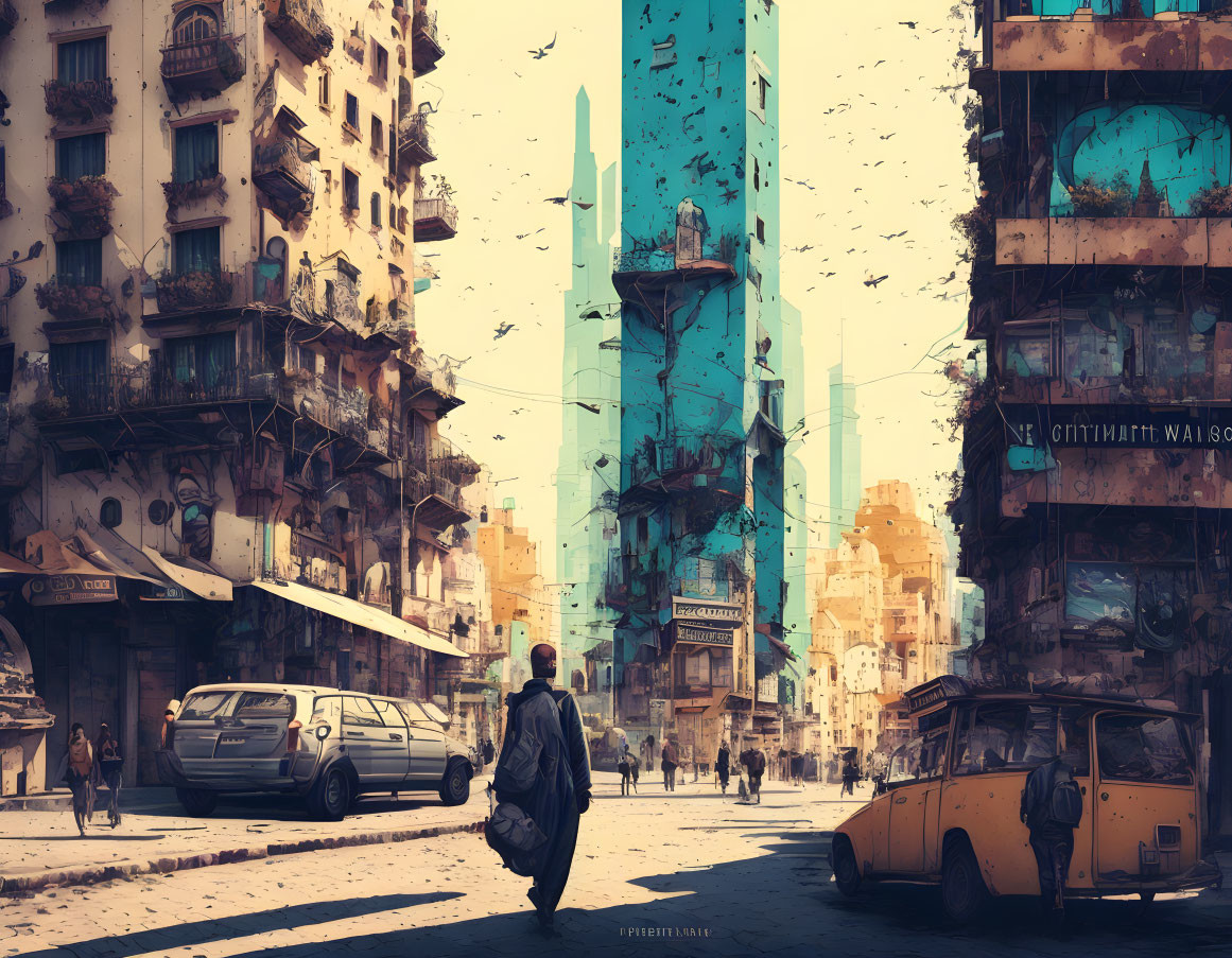 Man walking in dystopian city with futuristic elements