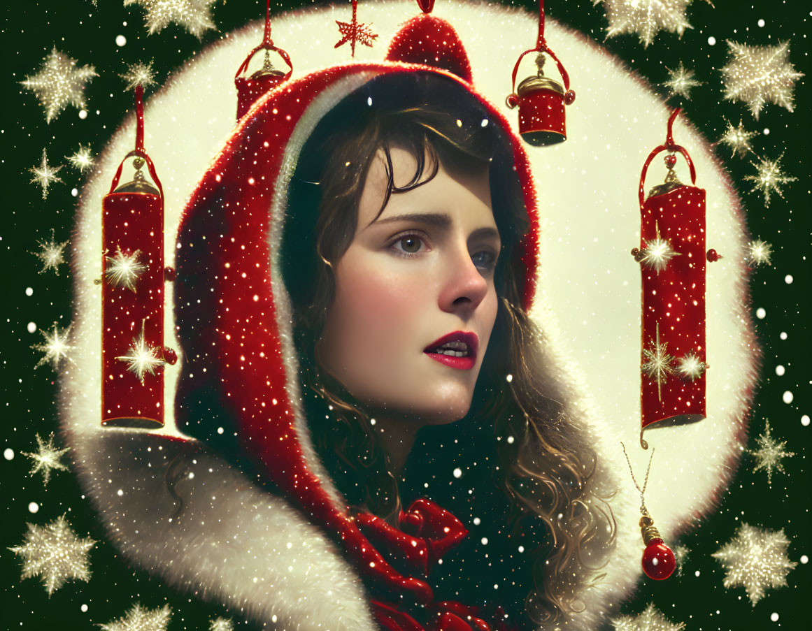 Festive woman in red hood with golden stars and lanterns on dark, starry background